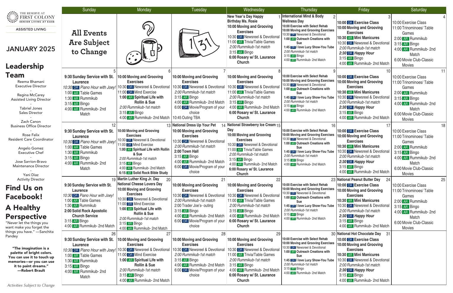 Assisted Living Event Calendar