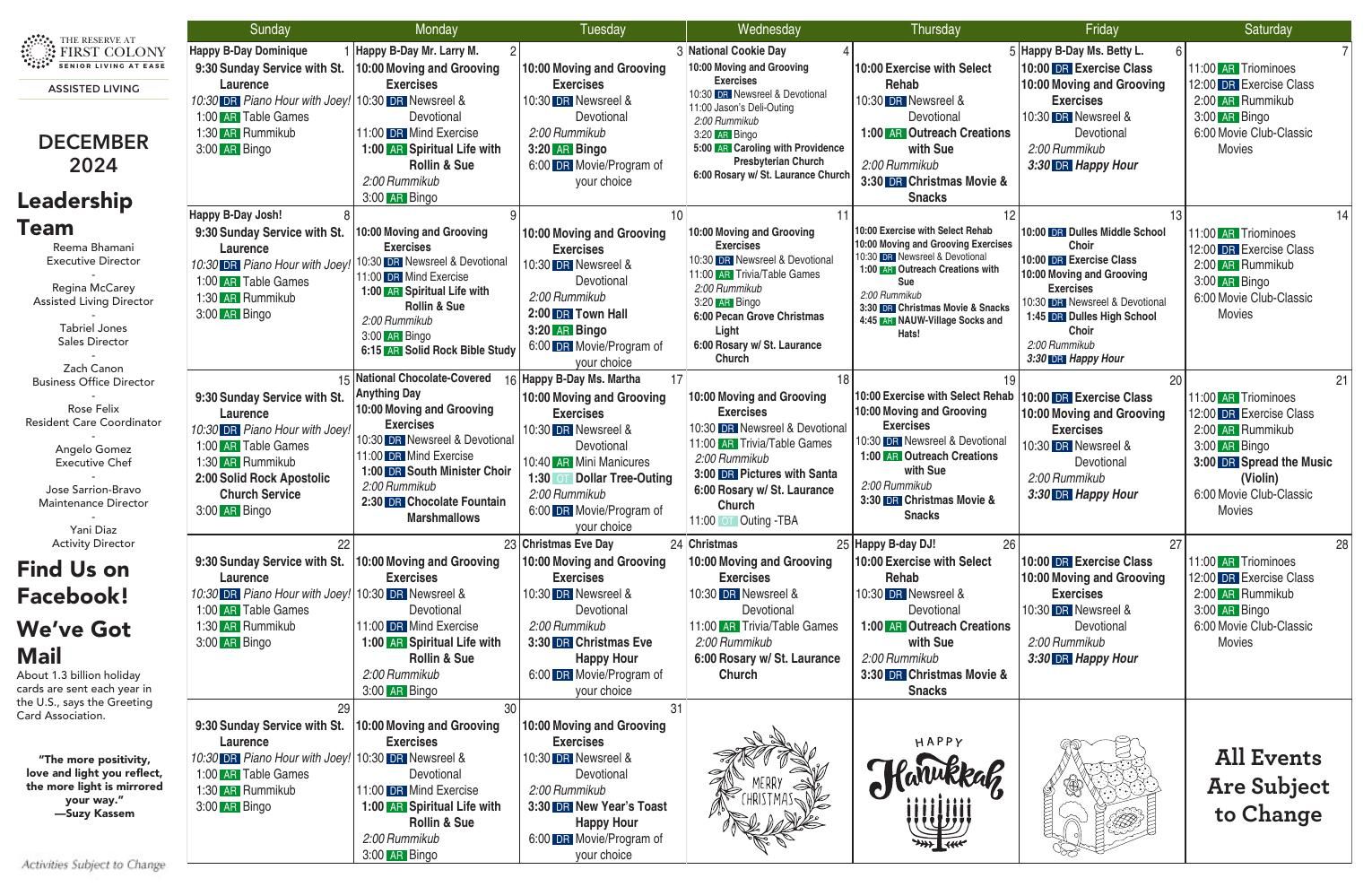 Assisted Living Event Calendar