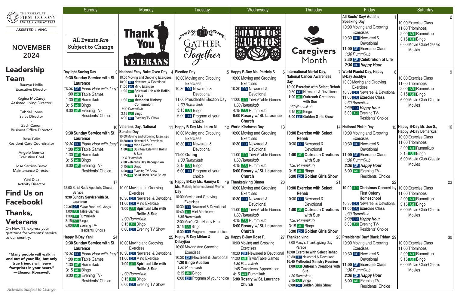 Assisted Living Event Calendar