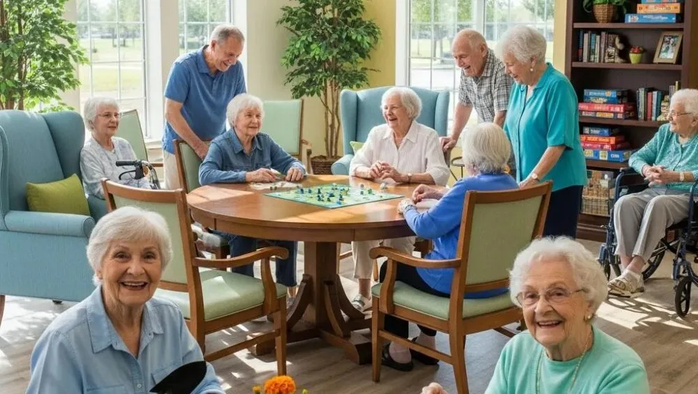 Assisted living community in Fort Bend County with seniors socializing and enjoying activities
