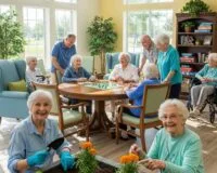 Seniors engaging in social activities and gardening in an assisted living community at The Reserve at First Colony, highlighting vibrant interactions and support in Fort Bend County.