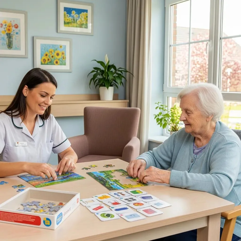 Caregiver assisting a senior in a memory care facility, highlighting cognitive engagement activities