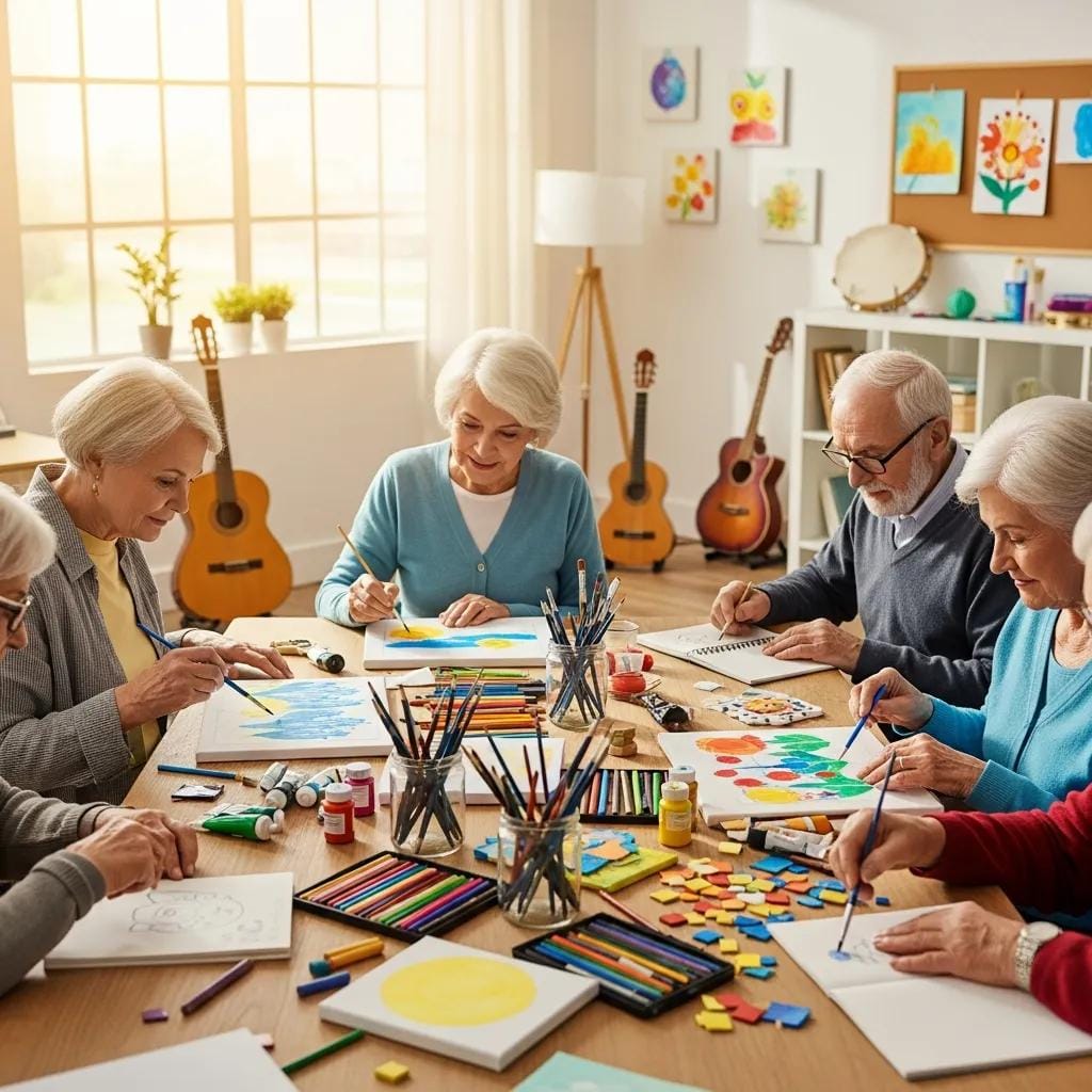 Elderly residents engaged in art therapy session in a memory care facility, promoting cognitive health