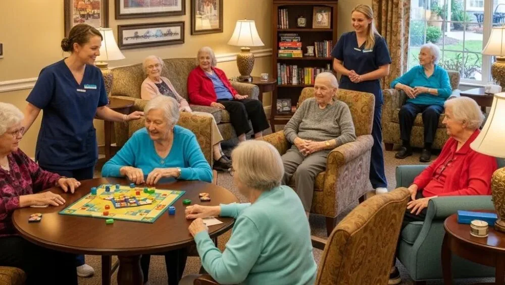 Memory care facility in Fort Bend County with residents and caregivers in a warm, supportive environment