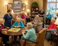 Residents engaging in activities with caregivers in a warm, supportive environment at The Reserve at First Colony memory care facility.