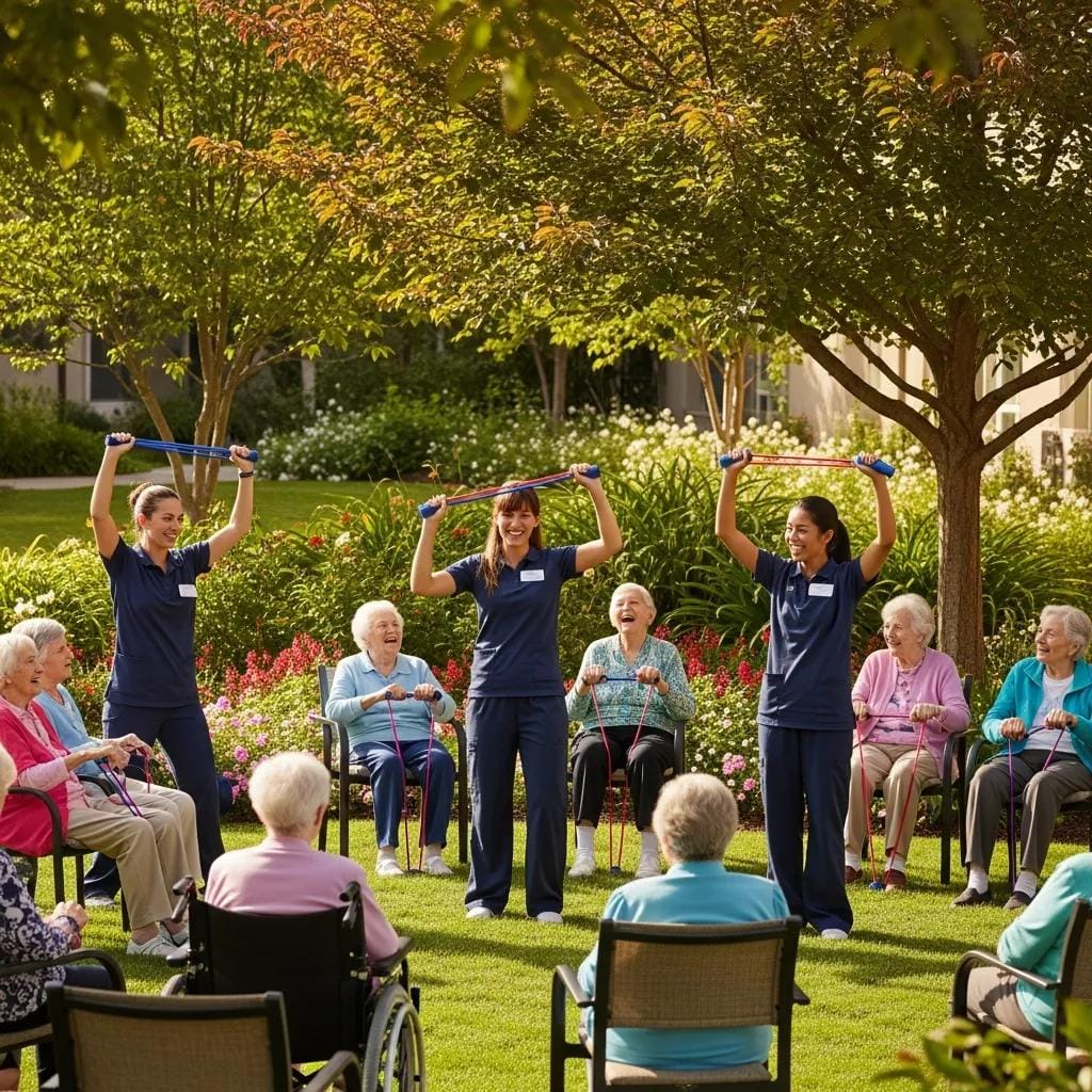 Residents participating in outdoor group exercise class in a memory care community, promoting engagement and comfort