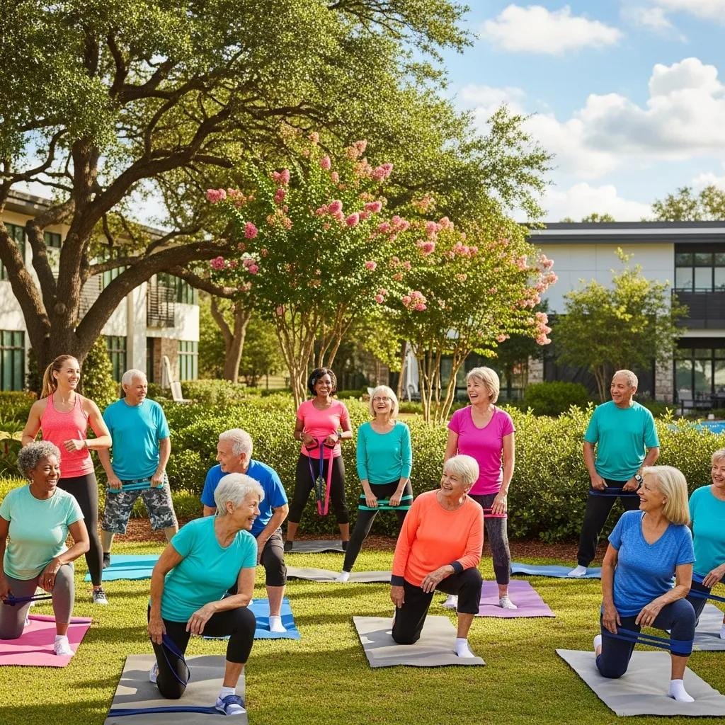 Seniors enjoying a fitness class outdoors at The Reserve at First Colony, promoting active living